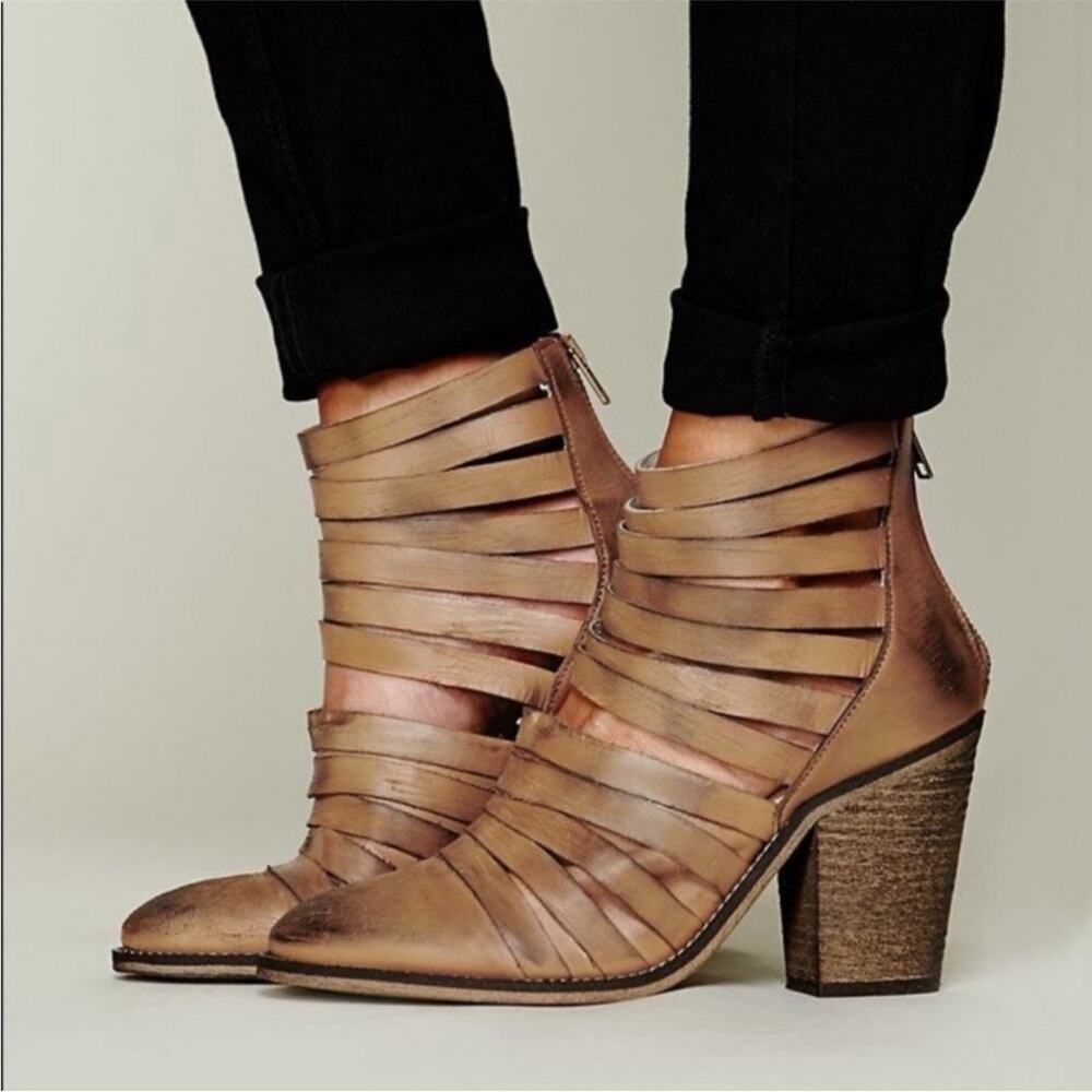 Free People | Women’s Tan Hybrid Ankle Bootie Strappy Leather Heeded Distressed